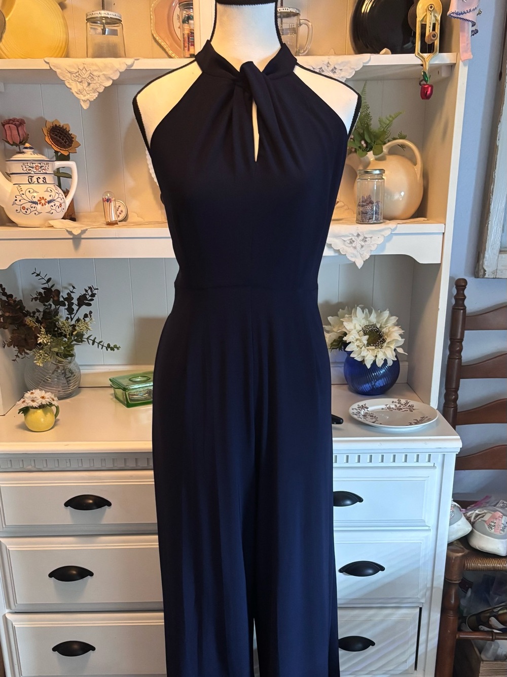 NWT Nina Leonard navy blue wide leg halter jumpsuit